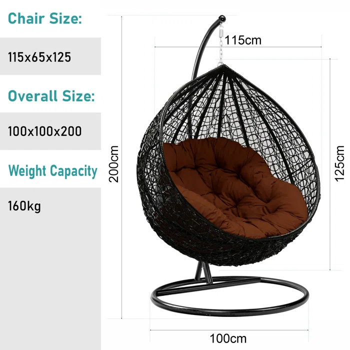 16 Years Manufacturer High Quality PE Rattan Waved Metal Stand Cocoon Hanging Swing Black Large Basket Egg Chair for Garden