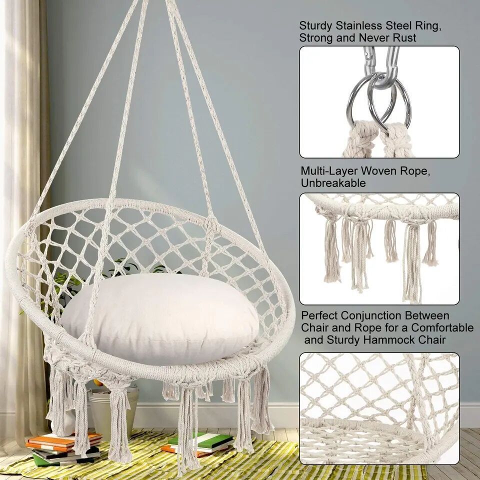 2023 Indoor Outdoor Cotton Rope Hanging Swing Chair Hammock Chair With Cushion & Hardware tools