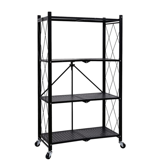 4-Shelf General Purpose Collapsible/Foldable Shelving Unit, Sturdy Storage Rack with Caster Wheels. 4-Tier Organizer