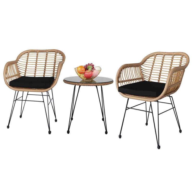 Patio Bistro Set Modern Wicker Patio Furniture 2 Rattan Chairs with Cushions and Coffee Table for Porch Lawn Garden Balcony