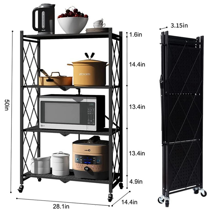 4-Shelf General Purpose Collapsible/Foldable Shelving Unit, Sturdy Storage Rack with Caster Wheels. 4-Tier Organizer