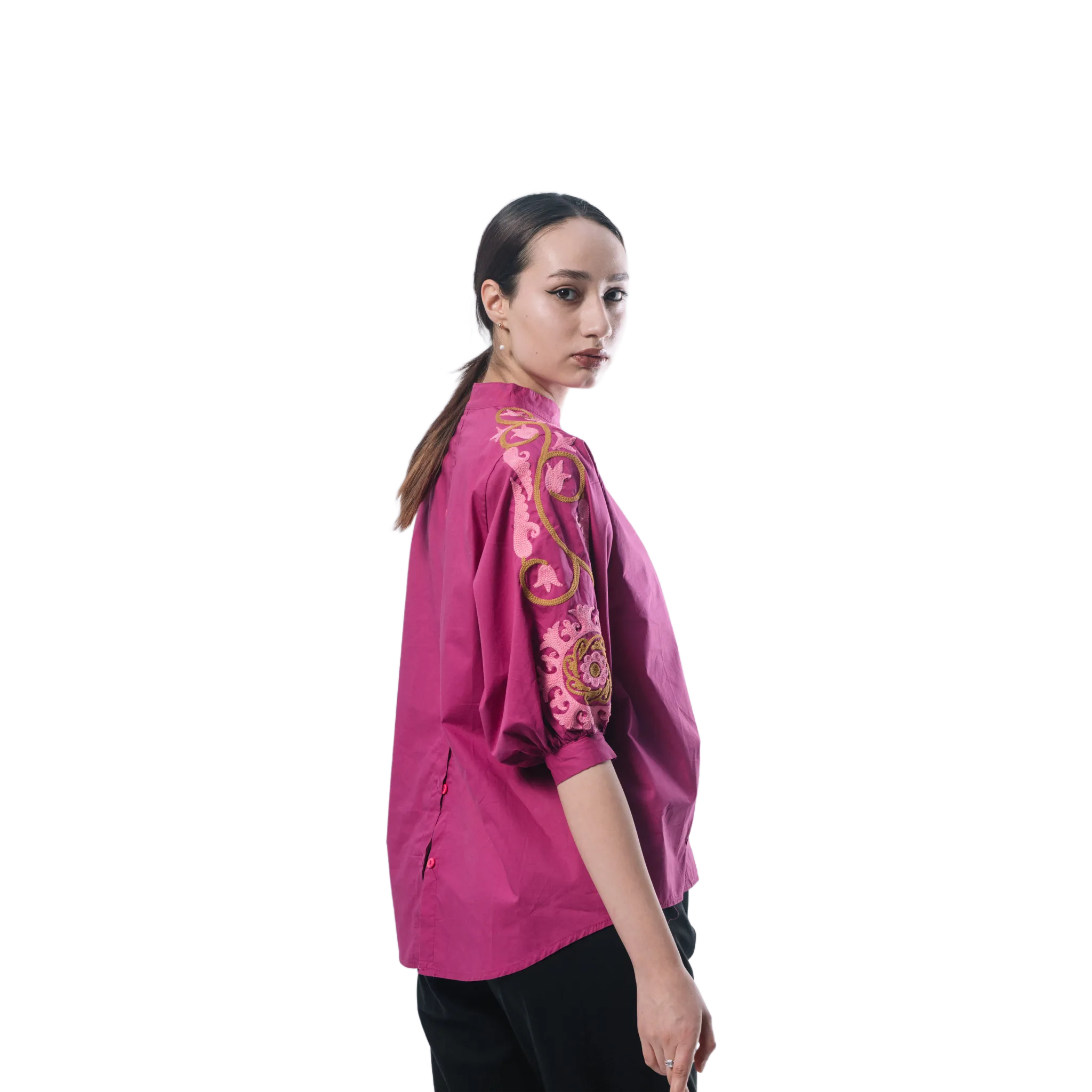 High Quality Pink Women Sadbarg ZHIWJ 100% Puffed Sleeve Cotton Light Shirt for Women from Tajikistan Ethnic Pattern Blouse