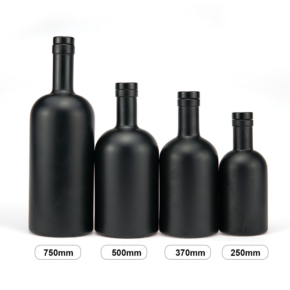 Flint Glass Matte Black  frosted 200ml 375ml 500ml 700ml 750ml Empty round Vodka Spirit Whisky Gin Liquor Glass Bottle with cork