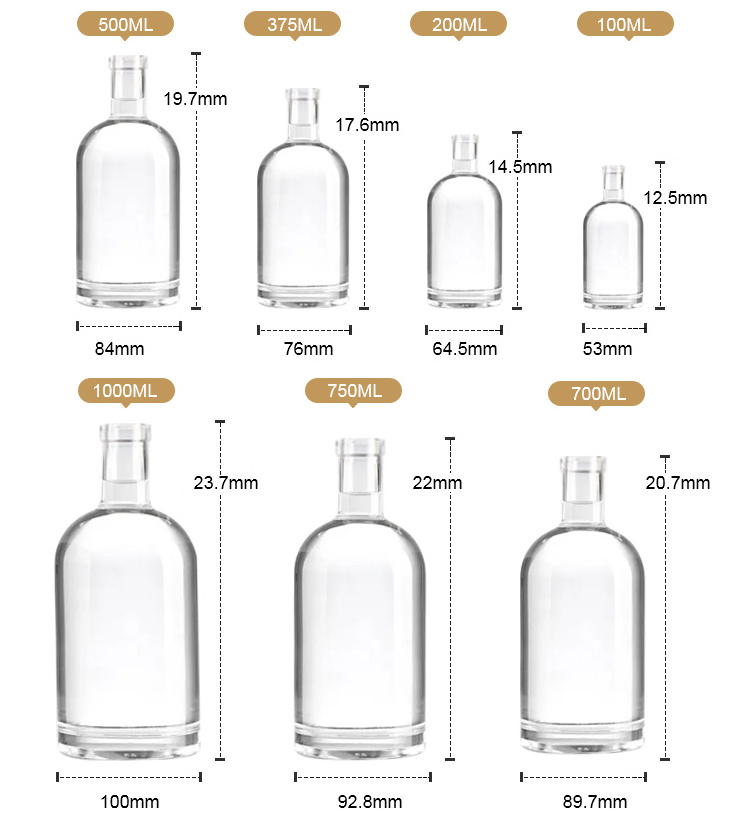 empty Clear Oval Shape Flask wine bottle 100ml 250ml 500ml 700ml 750ml vodka gin brandy whiskey wine bottles with corks