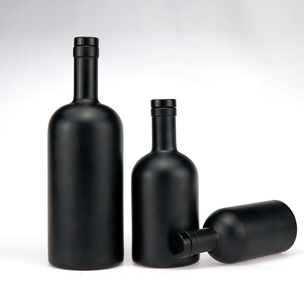 Flint Glass Matte Black  frosted 200ml 375ml 500ml 700ml 750ml Empty round Vodka Spirit Whisky Gin Liquor Glass Bottle with cork