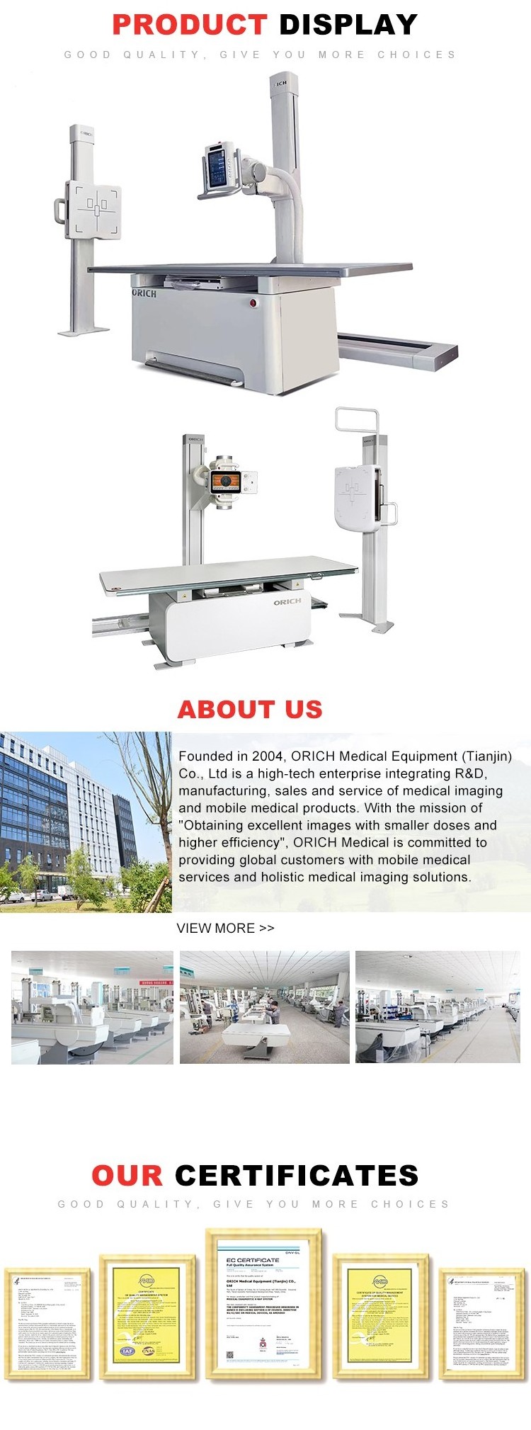 ORICH Medical 50KW Electric Double Column DR X ray System Diagnostic Medical X ray machine with Factory price