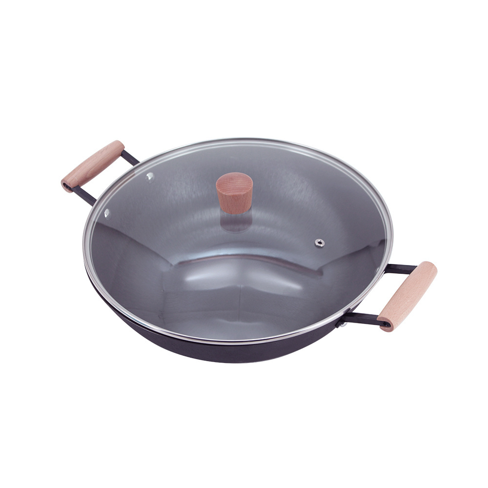 Nonstick preseasoned large size iron wok with double wooden handle