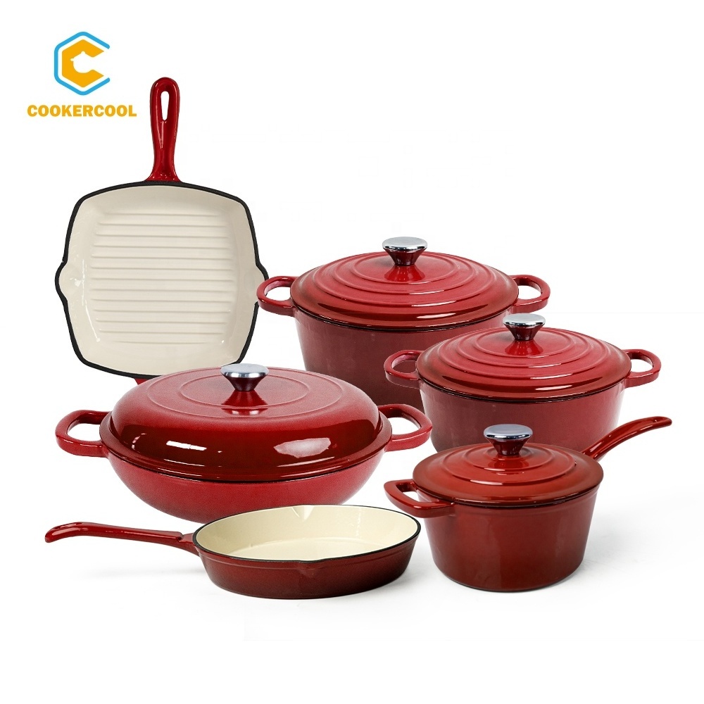 Cookercool Factory directly supply cast iron non stick sets camping Wine red enamel cookware on sale