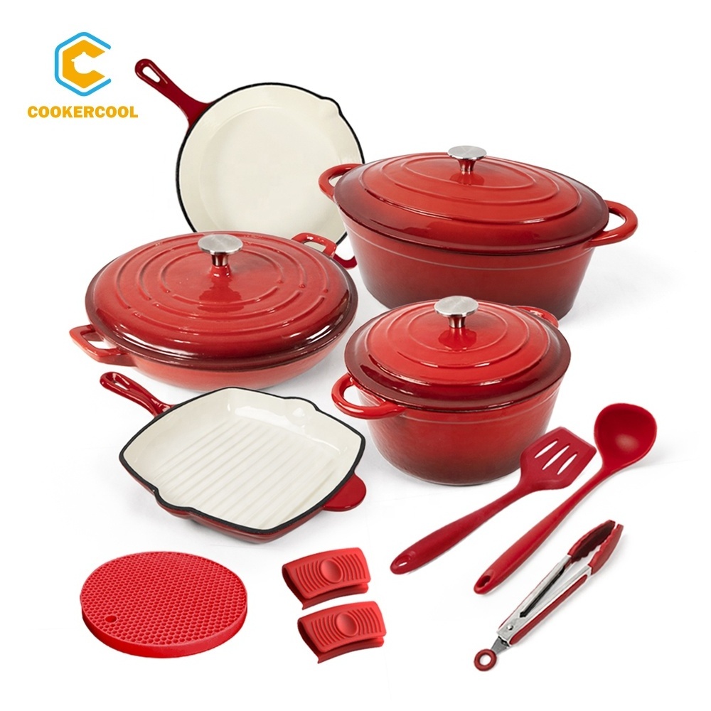 Cookercool Factory directly supply cast iron non stick sets camping Wine red enamel cookware on sale