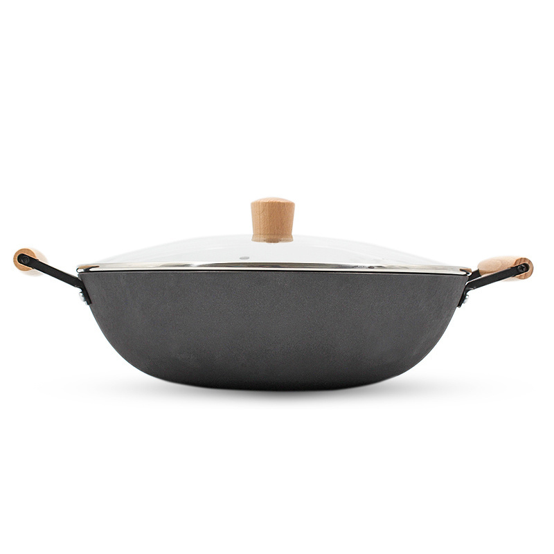 Nonstick preseasoned large size iron wok with double wooden handle