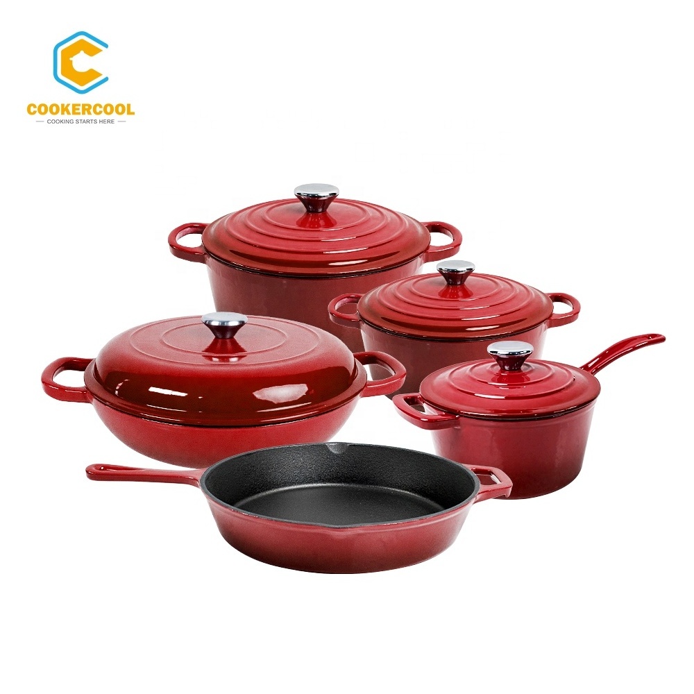 Cookercool Factory directly supply cast iron non stick sets camping Wine red enamel cookware on sale