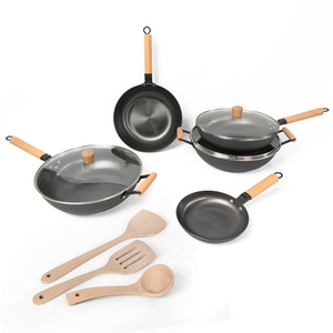 Wooden handle cast Iron nonstick cookware sets kitchen