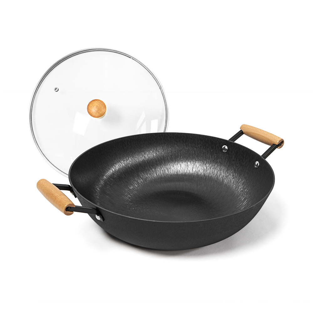 Nonstick preseasoned large size iron wok with double wooden handle