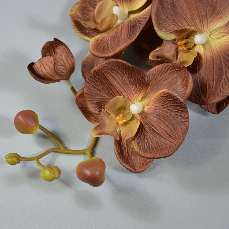 Hot-selling Property Artificial Silk 9 Heads Textured Phalaenopsis Single Branch Deep Coffee Butterfly Orchids For Decorations