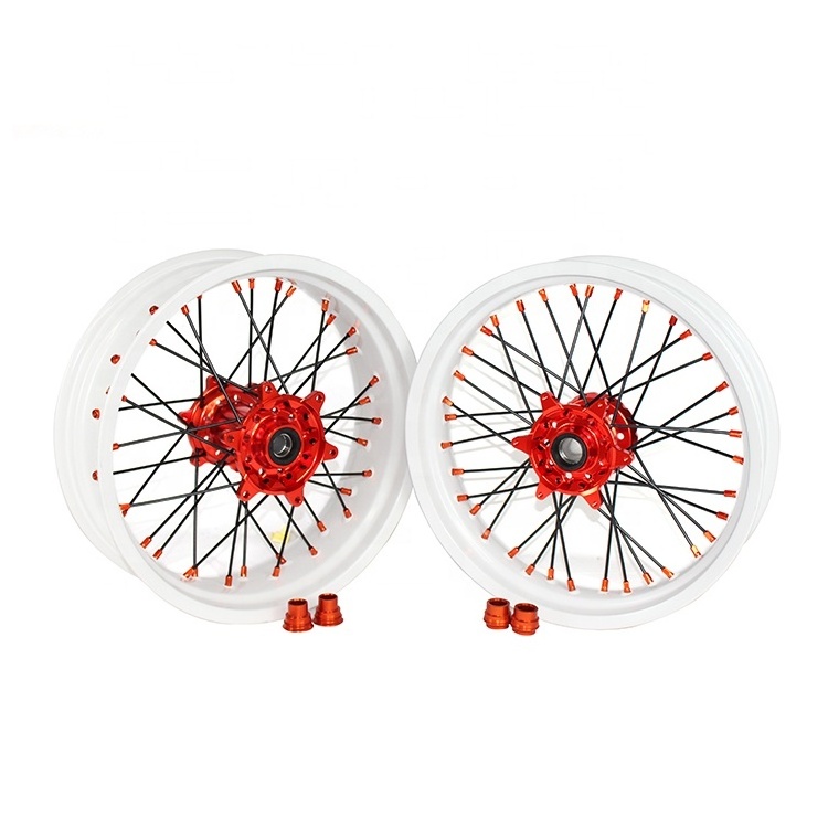 17inch Supermoto Wheels Rims Set Compatible with 250 300 450 500 High Performance Spoke Tubeless White Motorcycle Wheels 17