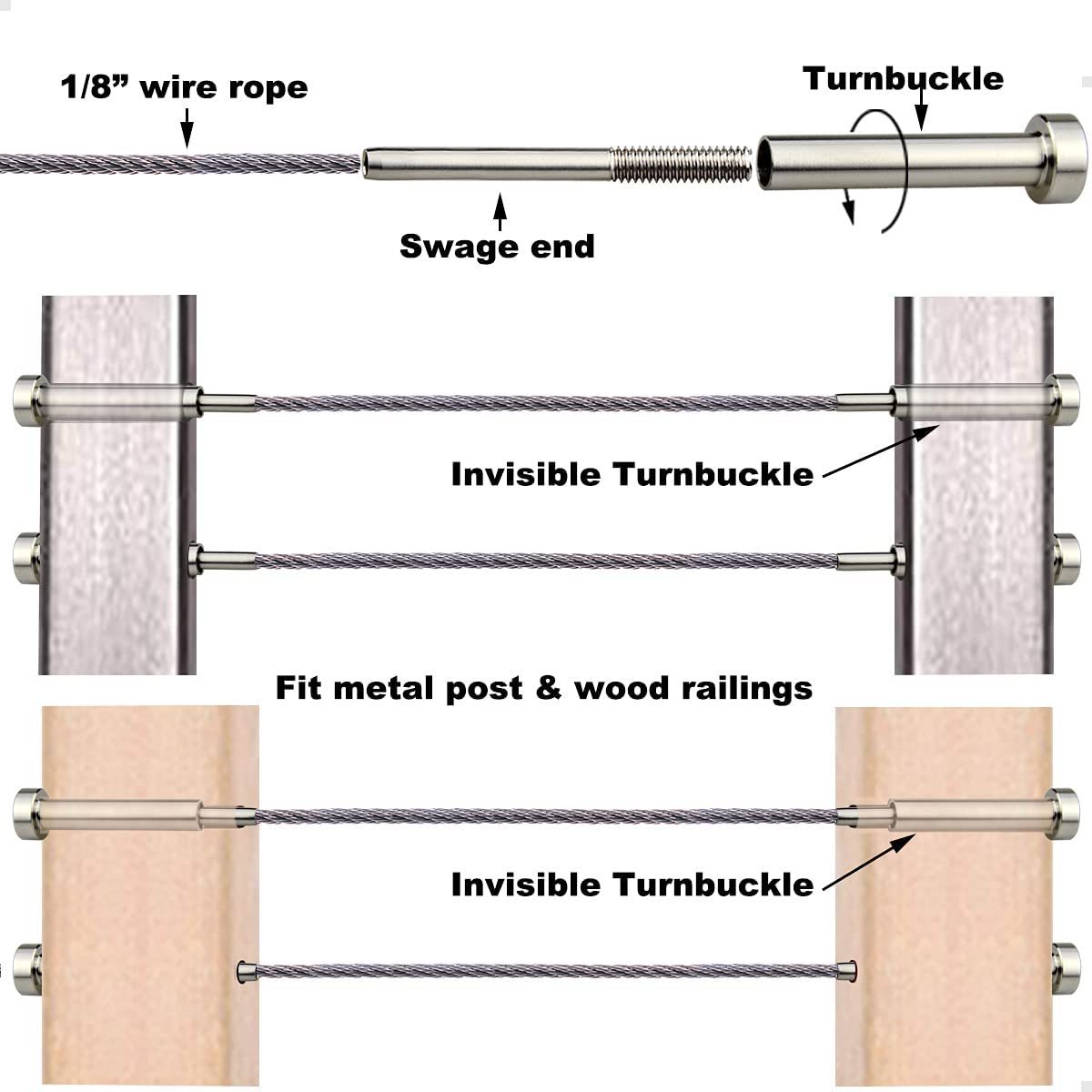 Invisible Cable Railing Kits for Wood & Metal Post for Stair Deck Railing