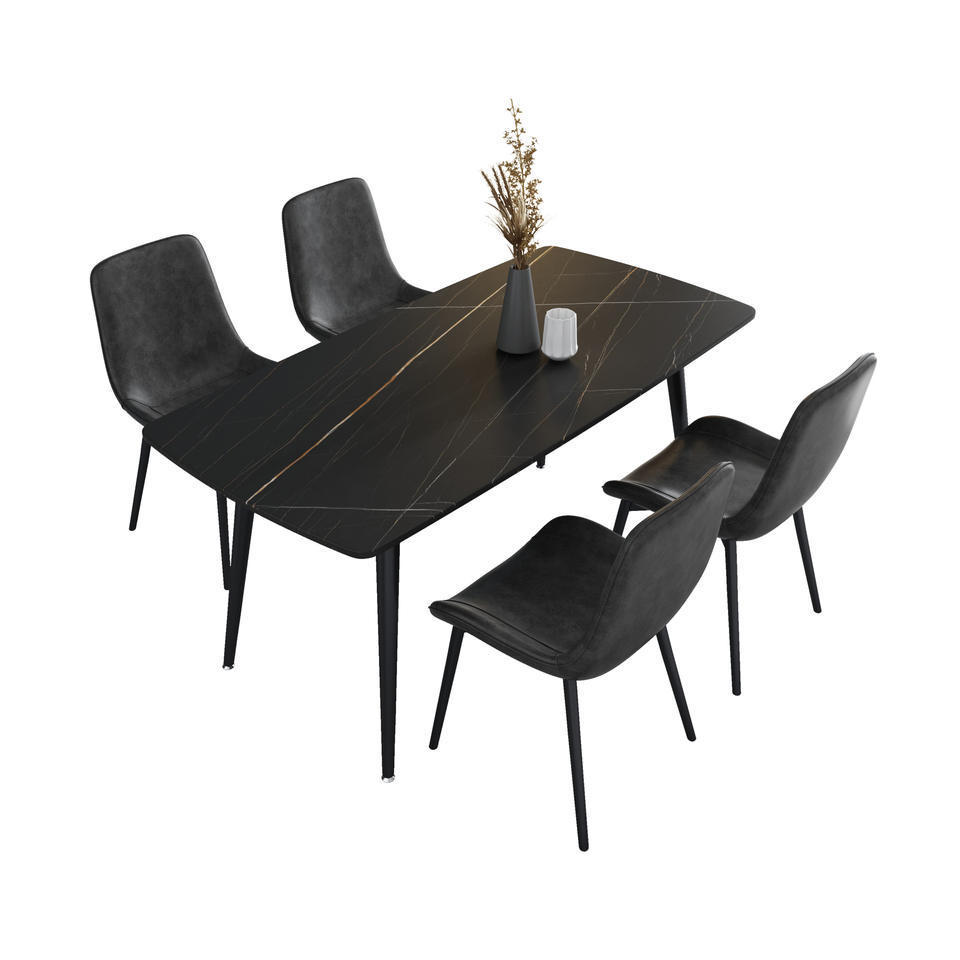 Modern Dining Table Black Long Square Marble Dining Table With 4 Chairs Set