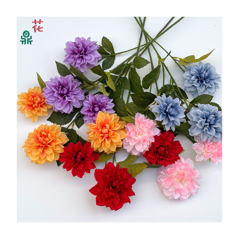 Cheap 3 Head Blooming Dahlia Wedding Arrangement Flowers Artificial Flowers Photo Shoot Props Silk Flowers