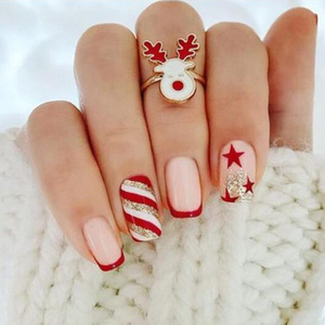 Christmas Press on Nails Short French Tip Nails with Glue Glossy Nude Pink Glue Design Acrylic false Nail Art Salon