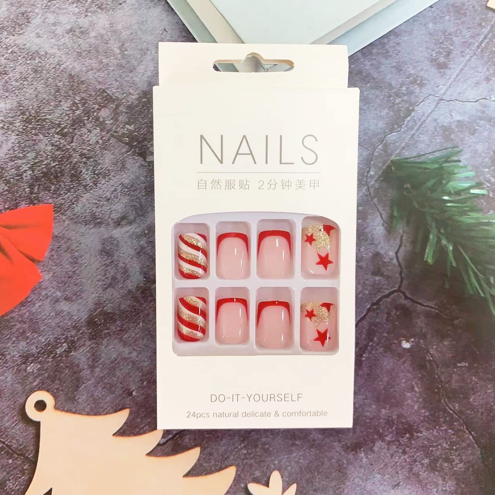 Christmas Press on Nails Short French Tip Nails with Glue Glossy Nude Pink Glue Design Acrylic false Nail Art Salon