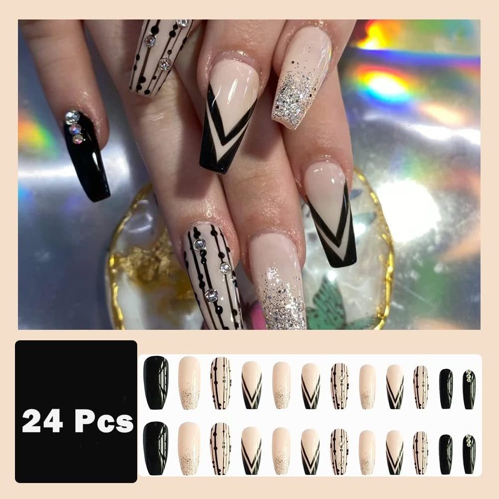 Butterfly Cute Press on Nails Coffin Shaped Fake Nails Medium Length with Design,  Black French Tip Press on Nails