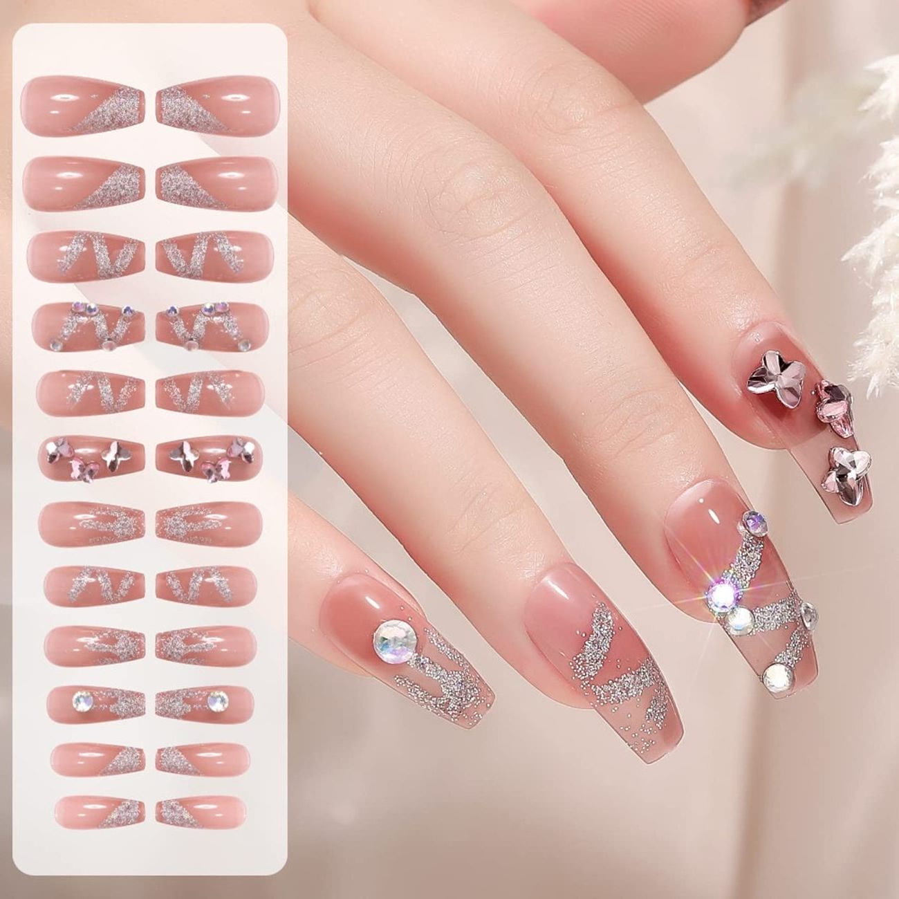 Butterfly Cute Press on Nails Coffin Shaped Fake Nails Medium Length with Design,  Black French Tip Press on Nails