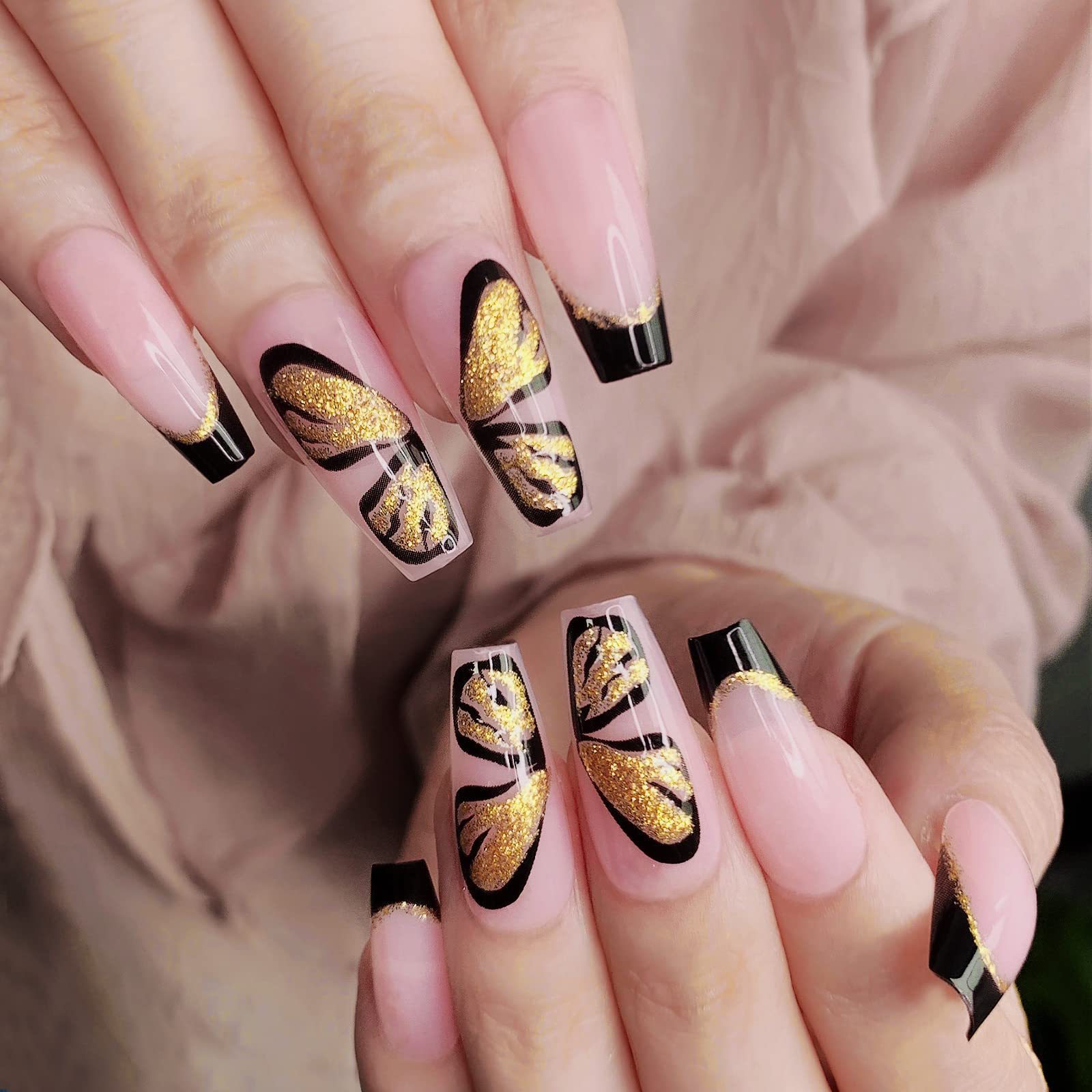 Butterfly Cute Press on Nails Coffin Shaped Fake Nails Medium Length with Design,  Black French Tip Press on Nails