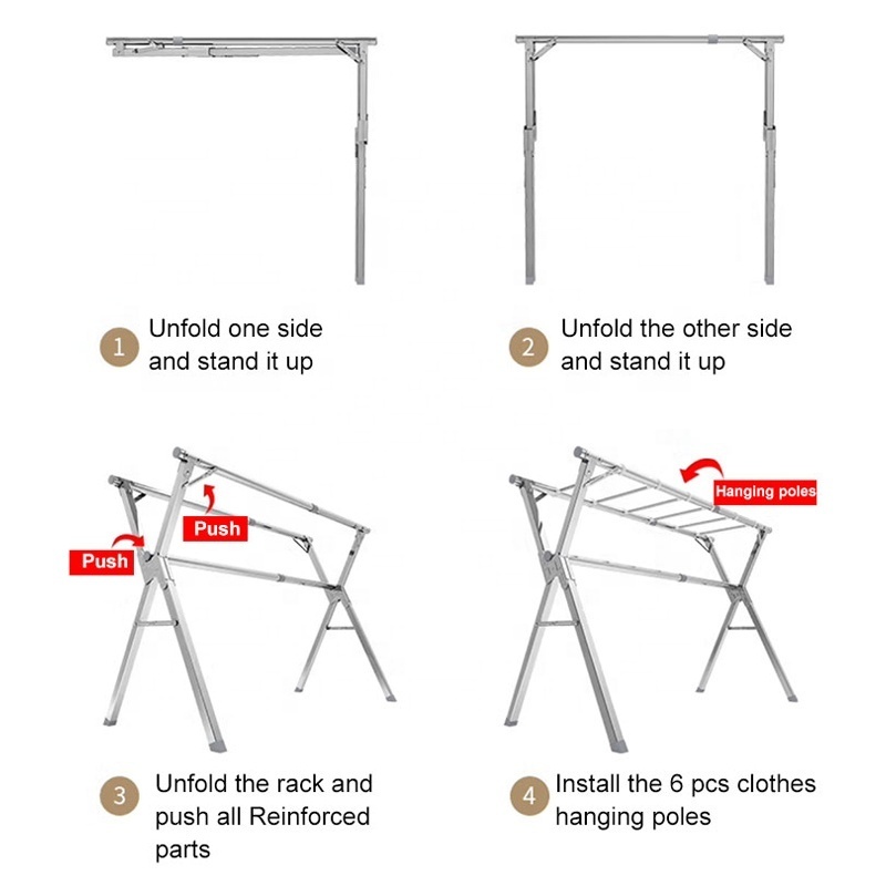 Stainless Steel Storage Organizer Foldable Laundry Stand Hanger Balcony Folding Hanging Clothes Drying Rack With 6 Rods