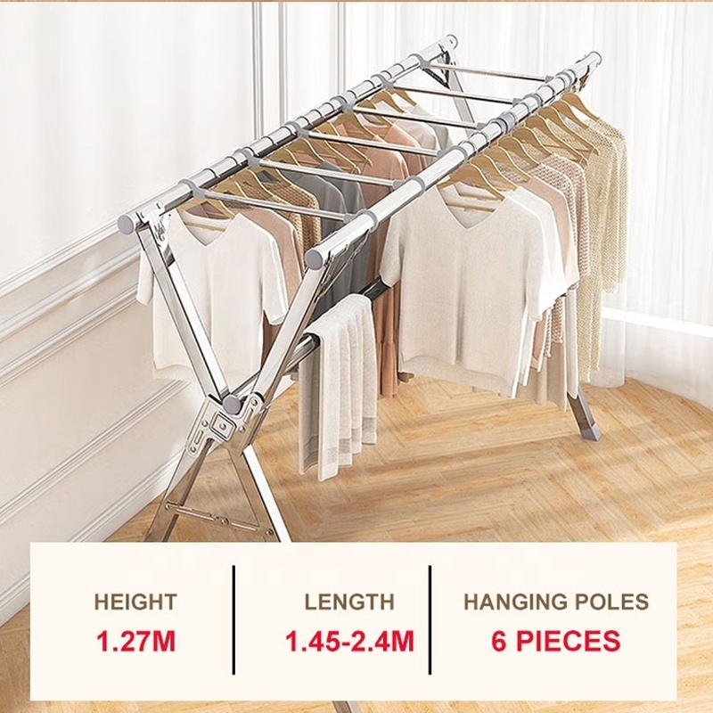 Stainless Steel Storage Organizer Foldable Laundry Stand Hanger Balcony Folding Hanging Clothes Drying Rack With 6 Rods