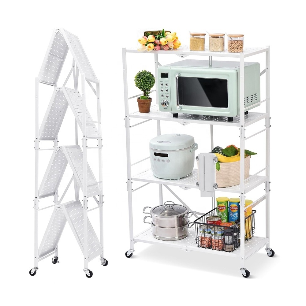 Multifunctional Household Floor Standing White Metal Folding Kitchen Storage Rack Of Foldable Kitchen Organizer Shelf