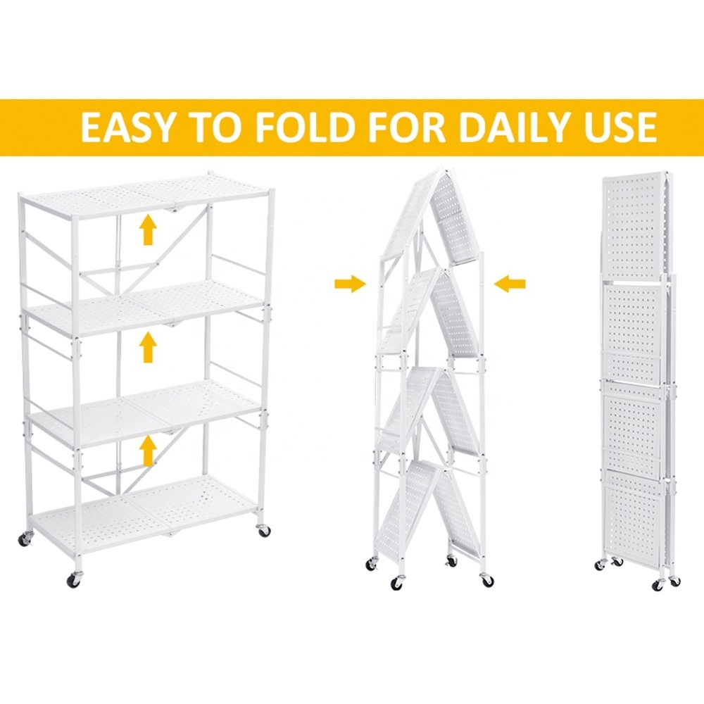 Multifunctional Household Floor Standing White Metal Folding Kitchen Storage Rack Of Foldable Kitchen Organizer Shelf