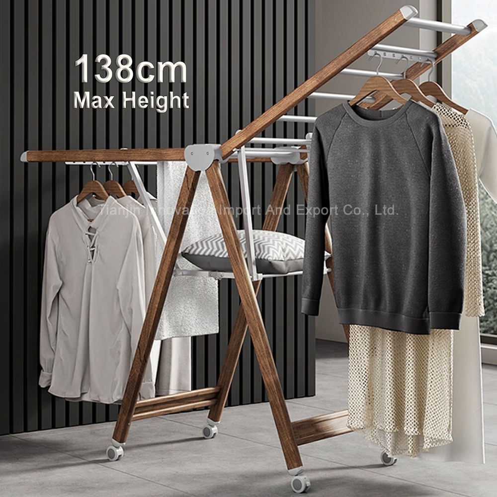 Wooden Color Free Standing Aluminum Alloy Coat Rack Stand Metal Clothes Hanger Stands With Wheels For Laundry Drying