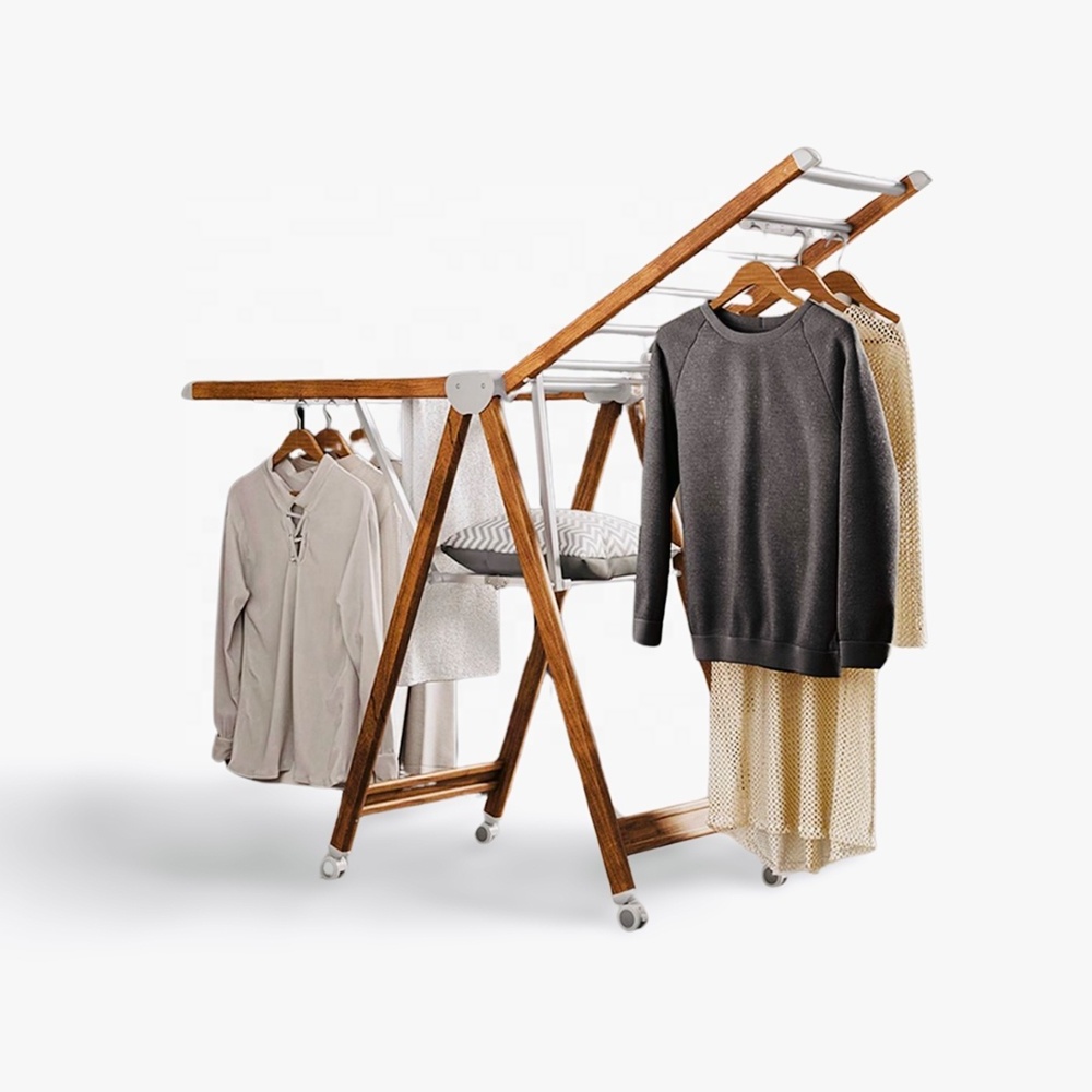 Wooden Color Free Standing Aluminum Alloy Coat Rack Stand Metal Clothes Hanger Stands With Wheels For Laundry Drying