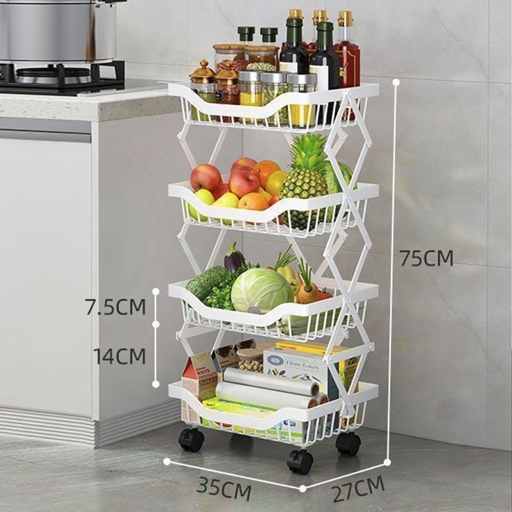 4-Tier Black Steel Foldable Fruit Vegetable Organizer Rack Kitchen Storage Basket Shelf on Rolling Wheels