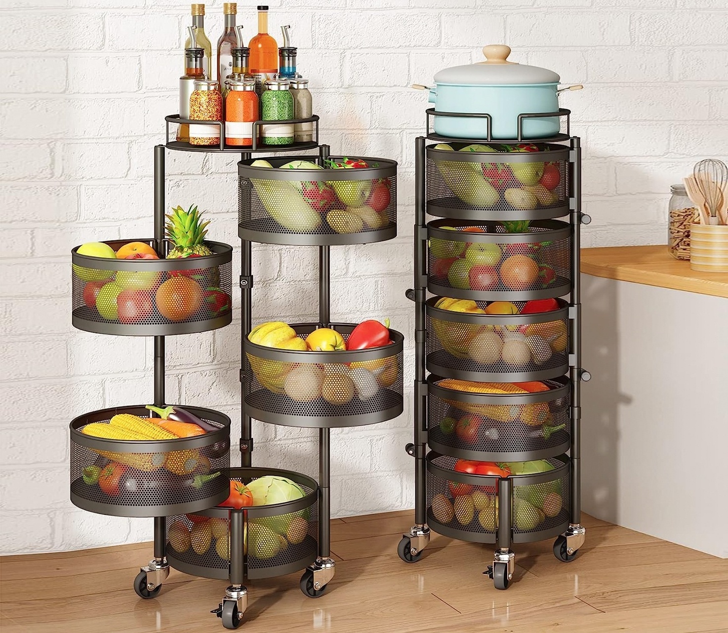 4-Tier Metal Storage Tower Basket Shelves Organizer Rotating Kitchen Storage Rack No Assembly  on Rolling Wheels