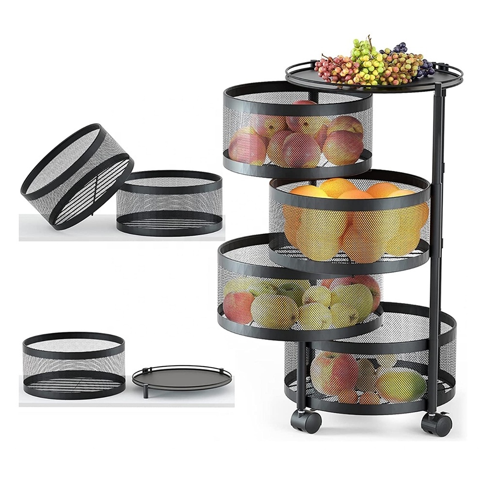 Kitchen Rotating Storage Rack Shelves 5 Tier Rolling Cart Basket Large Metal Wire Fruit Vegetable Basket