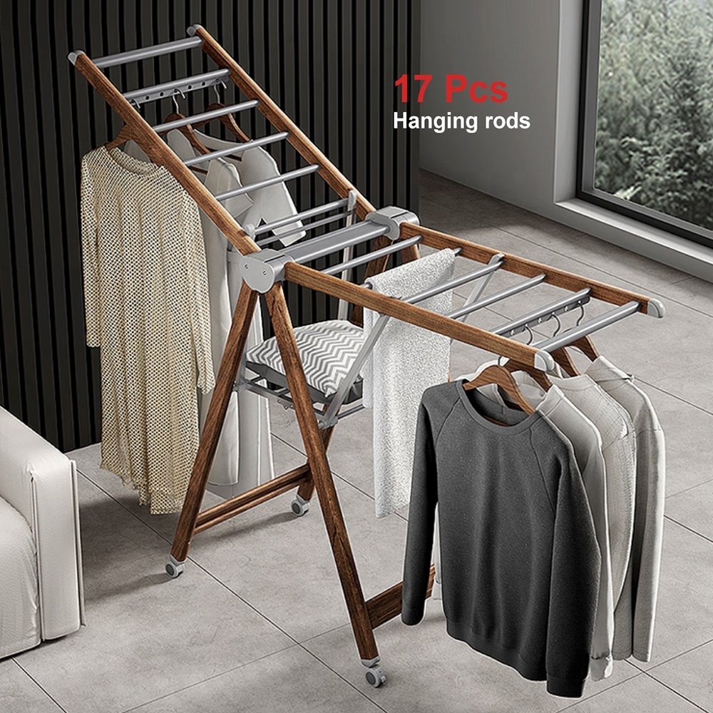 Wholesale Wooden Color Aluminum Foldable Clothes Drying Hanging Rails Clothes Laundry Dryer Cloth Hanger Rack With Wheels