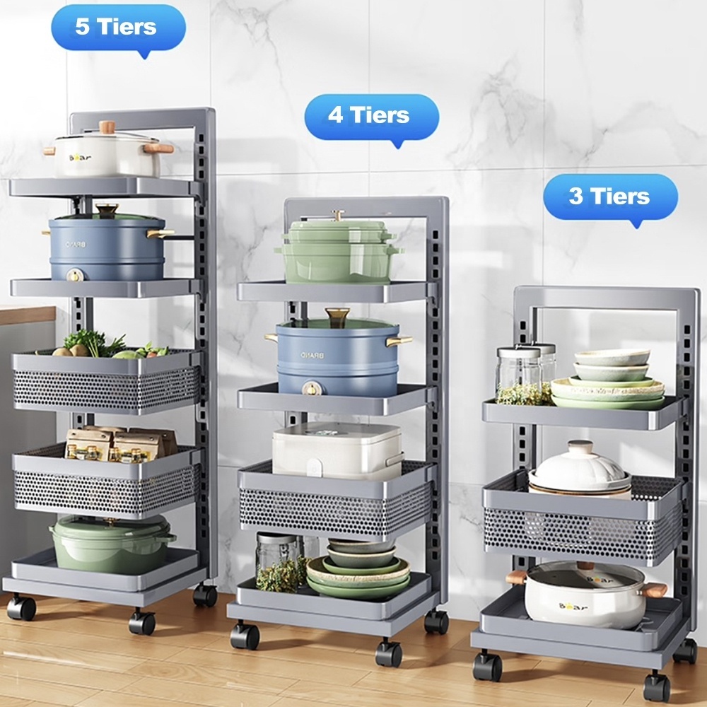 5 Tire Foldable Kitchen Storage Shelves for Microwave Metal Garage Shelving No Assembly Large Capacity Wire Shelving With Wheels