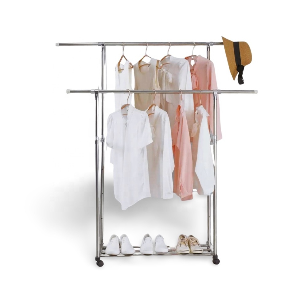 Double Rod Clothing Garment Rack Rolling Hanging Clothes Rack Portable Clothes Organizer for Bedroom Clothing Store