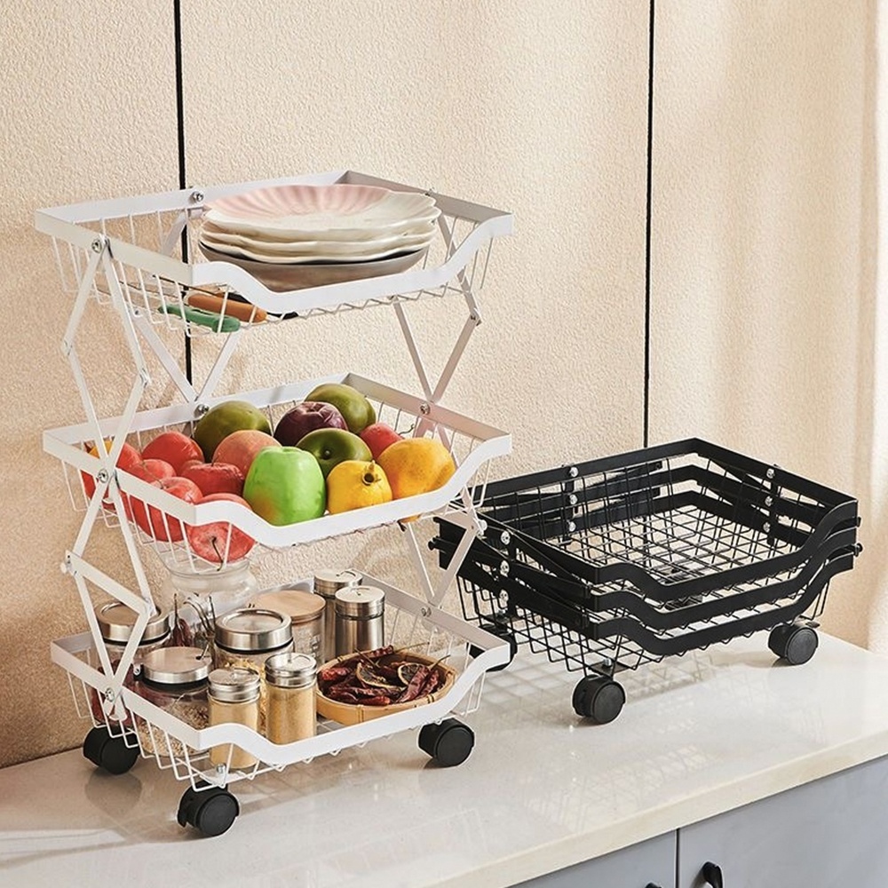 4-Tier Black Steel Foldable Fruit Vegetable Organizer Rack Kitchen Storage Basket Shelf on Rolling Wheels