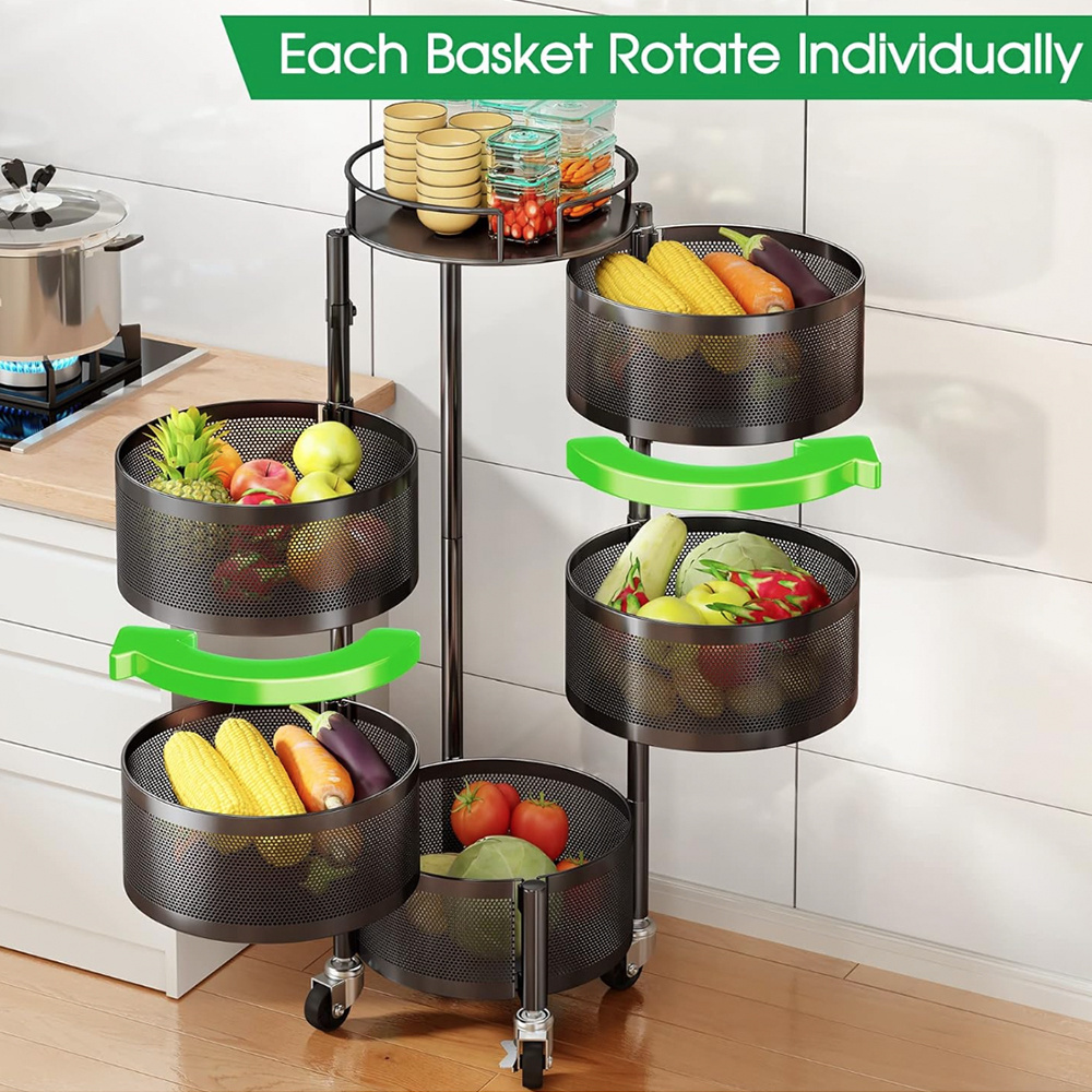 Kitchen Rotating Storage Rack Shelves 5 Tier Rolling Cart Basket Large Metal Wire Fruit Vegetable Basket