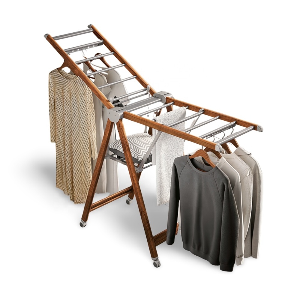 Wholesale Wooden Color Aluminum Foldable Clothes Drying Hanging Rails Clothes Laundry Dryer Cloth Hanger Rack With Wheels