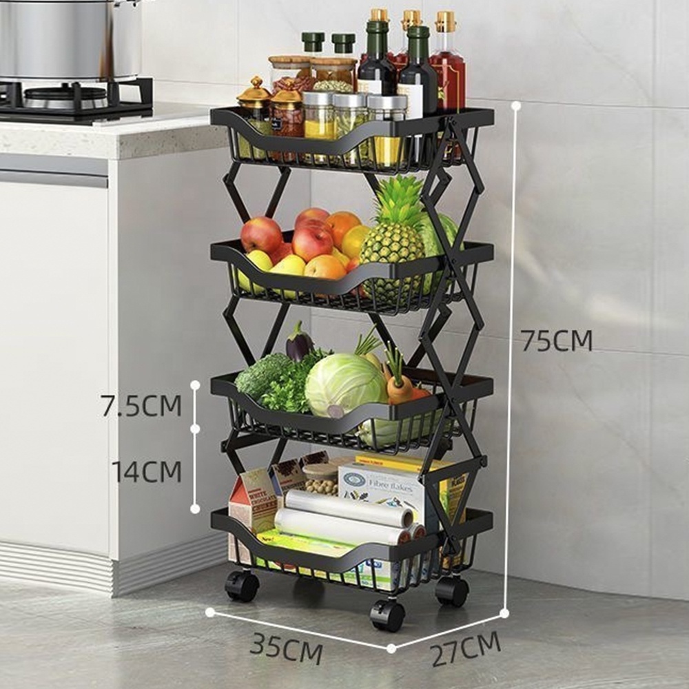 4-Tier Black Steel Foldable Fruit Vegetable Organizer Rack Kitchen Storage Basket Shelf on Rolling Wheels