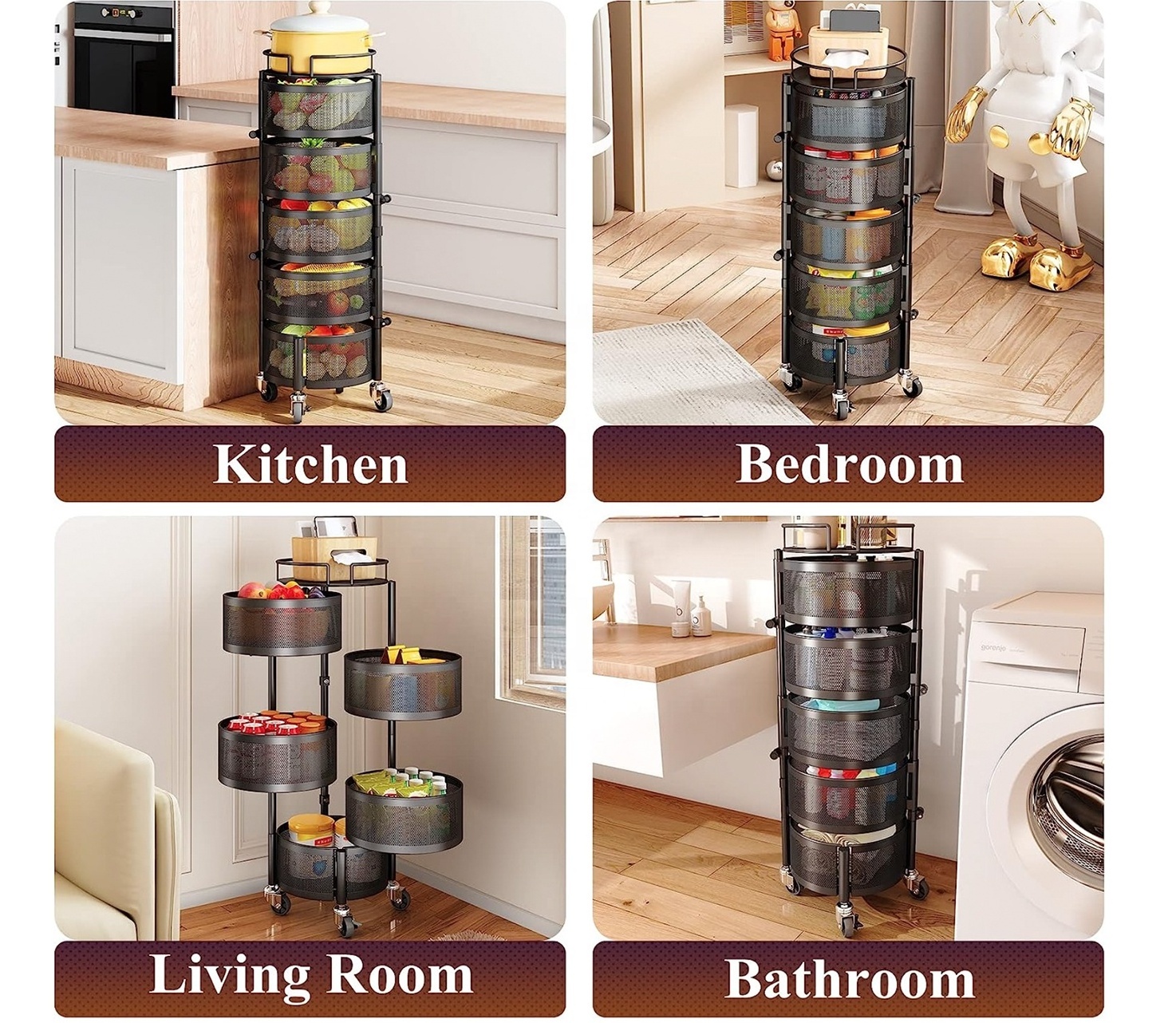 4-Tier Metal Storage Tower Basket Shelves Organizer Rotating Kitchen Storage Rack No Assembly  on Rolling Wheels