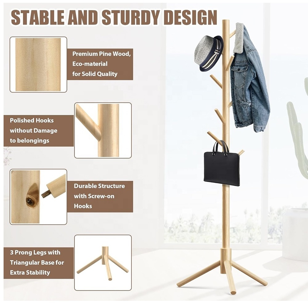 Freestanding Wooden Coat Rack Stand with 8 Hooks 3 Height Configurations for Entryway Hallway Bedroom Office Bathroom Use