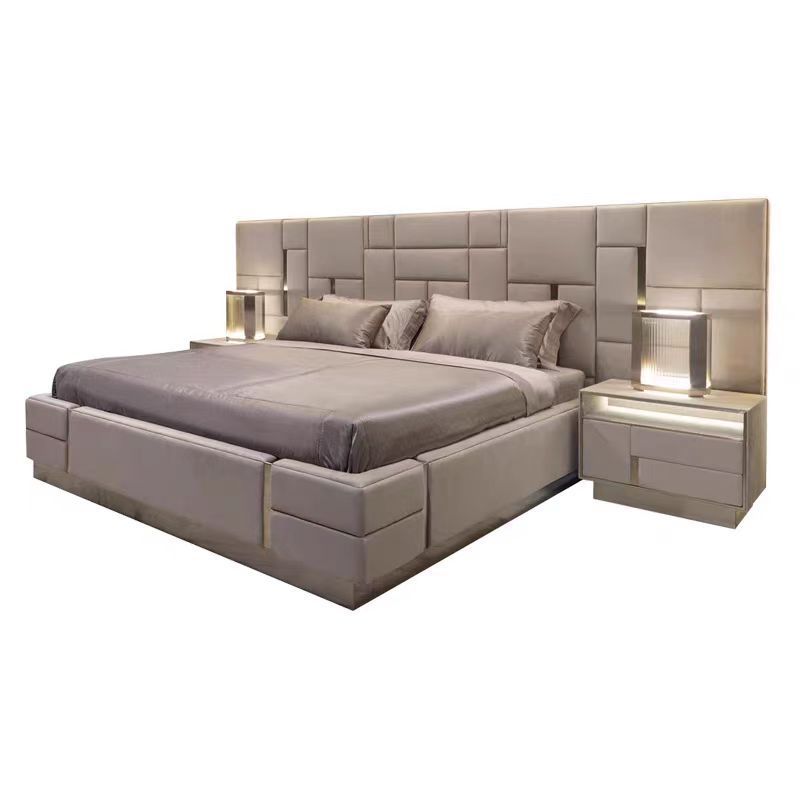 Italian Bed Luxury Bedroom Furniture Set Modern Leather Bedroom Bed Up-holstered Beds With Extended Headboard