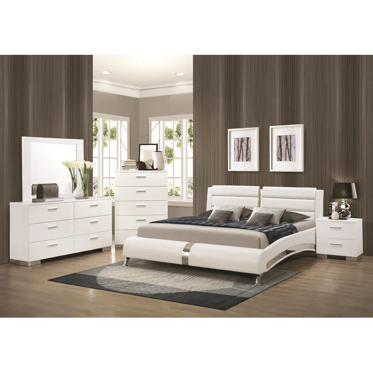 Modern Luxury Bed with Sleek White Leather Design Chromed Legs and Padded Headboard for Luxury Contemporary Bedroom Style