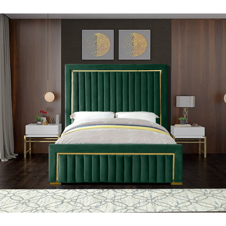 Luxury Bed Modern Velvet High Headboard Emerald Green with Gold Trim King Size Elegant Design for Contemporary Bedroom Decor