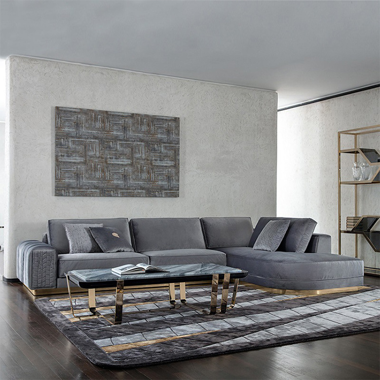 durable embroidery leather modern living room furniture couch gold stainless steel legs sectional sofa