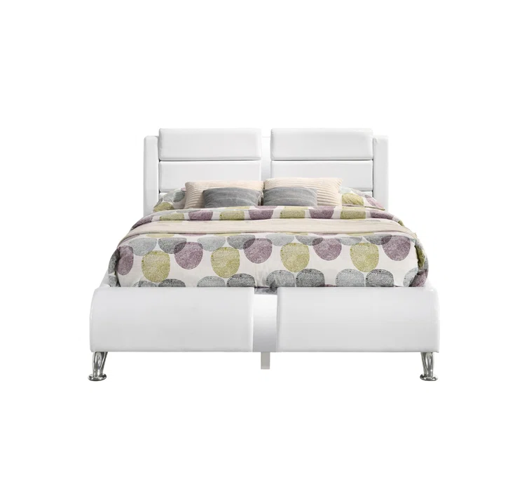 Modern Luxury Bed with Sleek White Leather Design Chromed Legs and Padded Headboard for Luxury Contemporary Bedroom Style